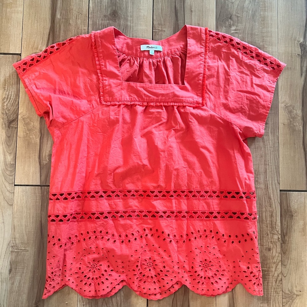 Madewell Coral Red Eyelet Square-Neck Blouse